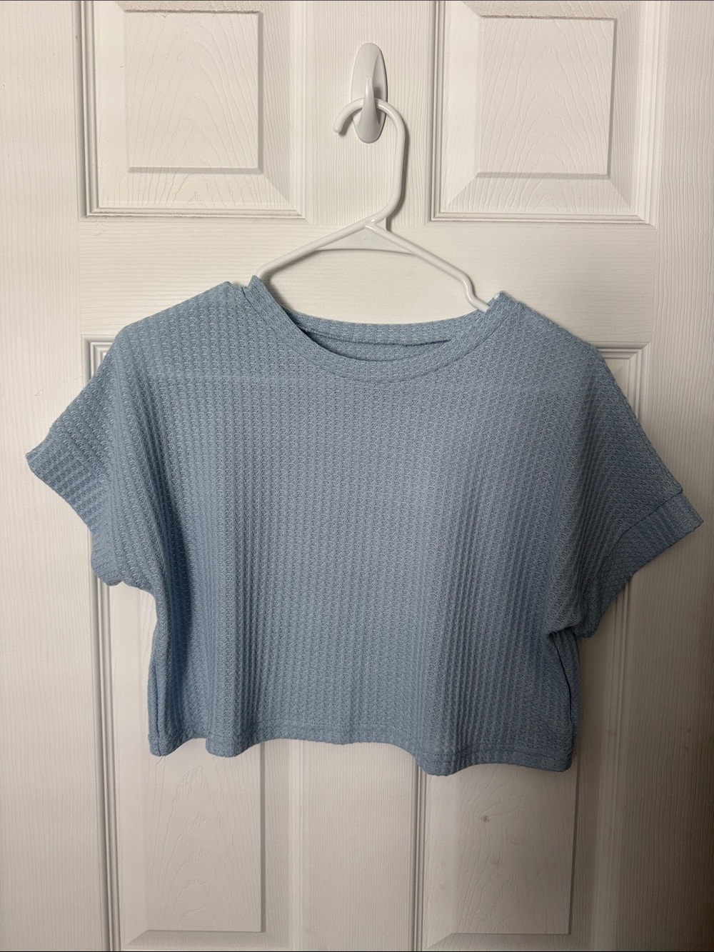 Light Blue Women's Short Sleeve Waffle Knit crop Top
